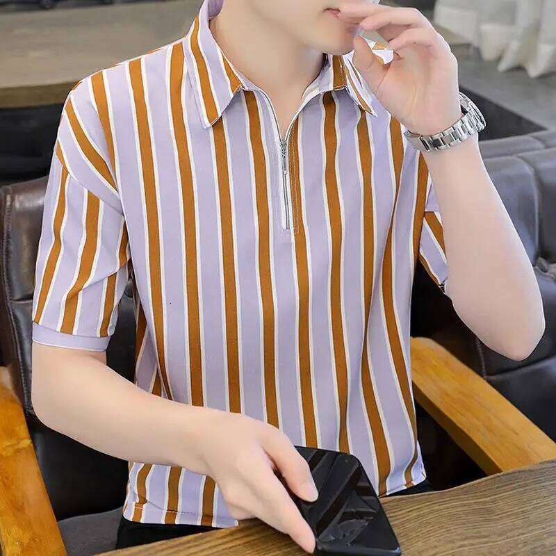 Summer New Business Color Blocked Striped Polo Shirt Men's Short Sleeved Top Flip Collar Casual T-shirt