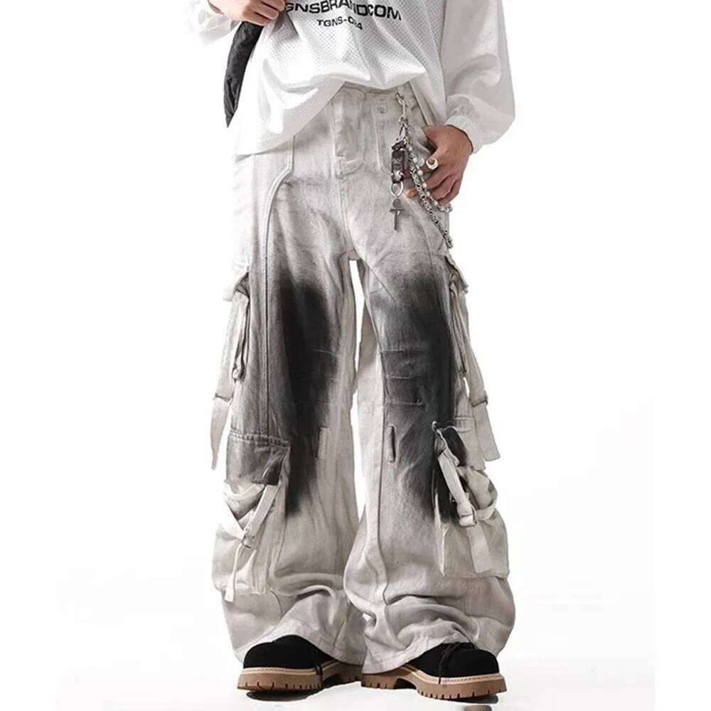 Summer New Contrast Color Baggy Jeans Multi-Pocket Overalls Retro Fashion Casual Trend High Street Hip-Hop Men's Bottoms