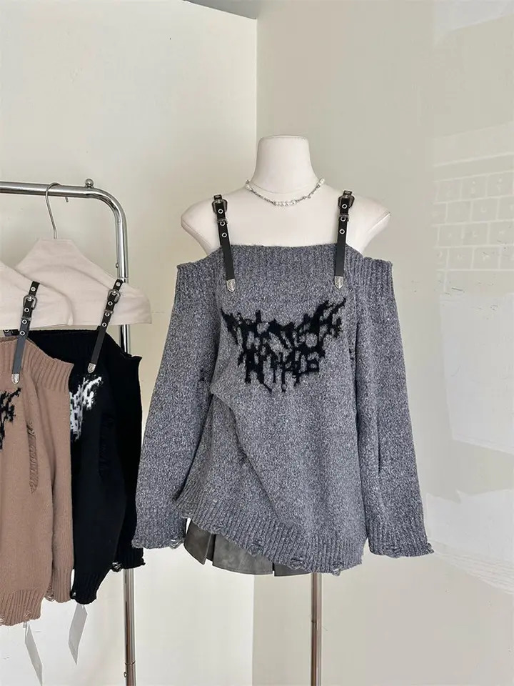 Hip Hop Off Shoulder Long Sleeves Strap Knitted Pullover Autumn Winter tie Loose Sweaters Grunge Top Womens Sweater 250723
