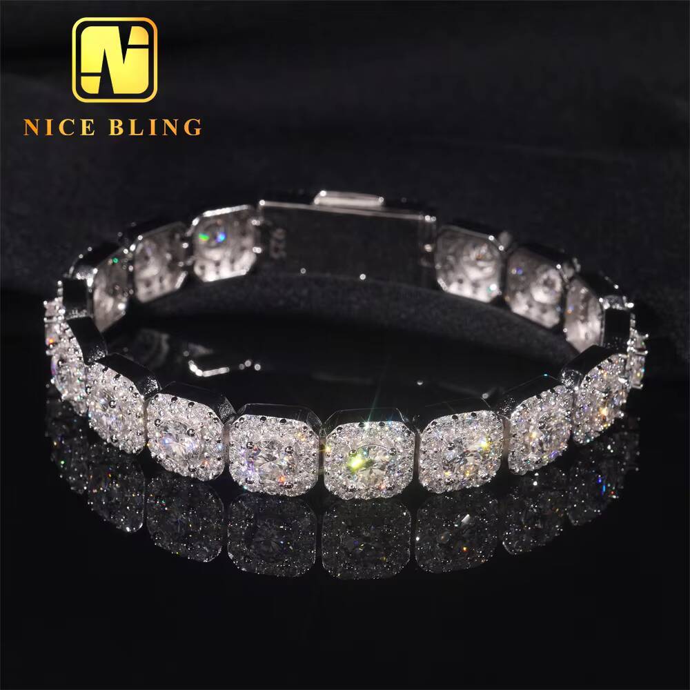 Luxury Fire Jewelry 10mm 925 Sterling Silver D Color VVS Moissanite Diamond Cluster Tennis Chain Necklace for Men Women