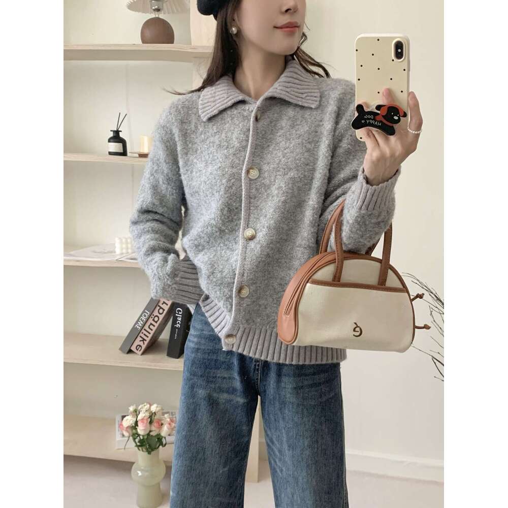 Caramel Color Fluffy Sweater Coat For Women Autumn Winter New Lazy Loose Turn-Down Collar Knitted Cardigan Top B5