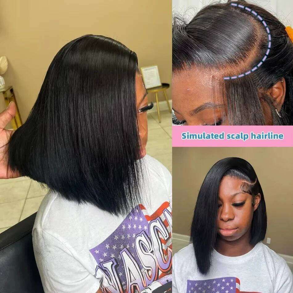 Super Double Drawn Bone Synthetic Straight 13X4 Frontal Bob Wig With Human Hair Natural 210% Density For Black Women