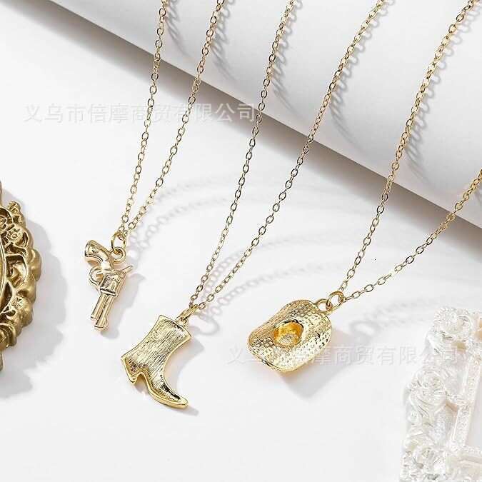 New Gold-Plated Boots Revoer Women's Western Cowboy Layered Necklace