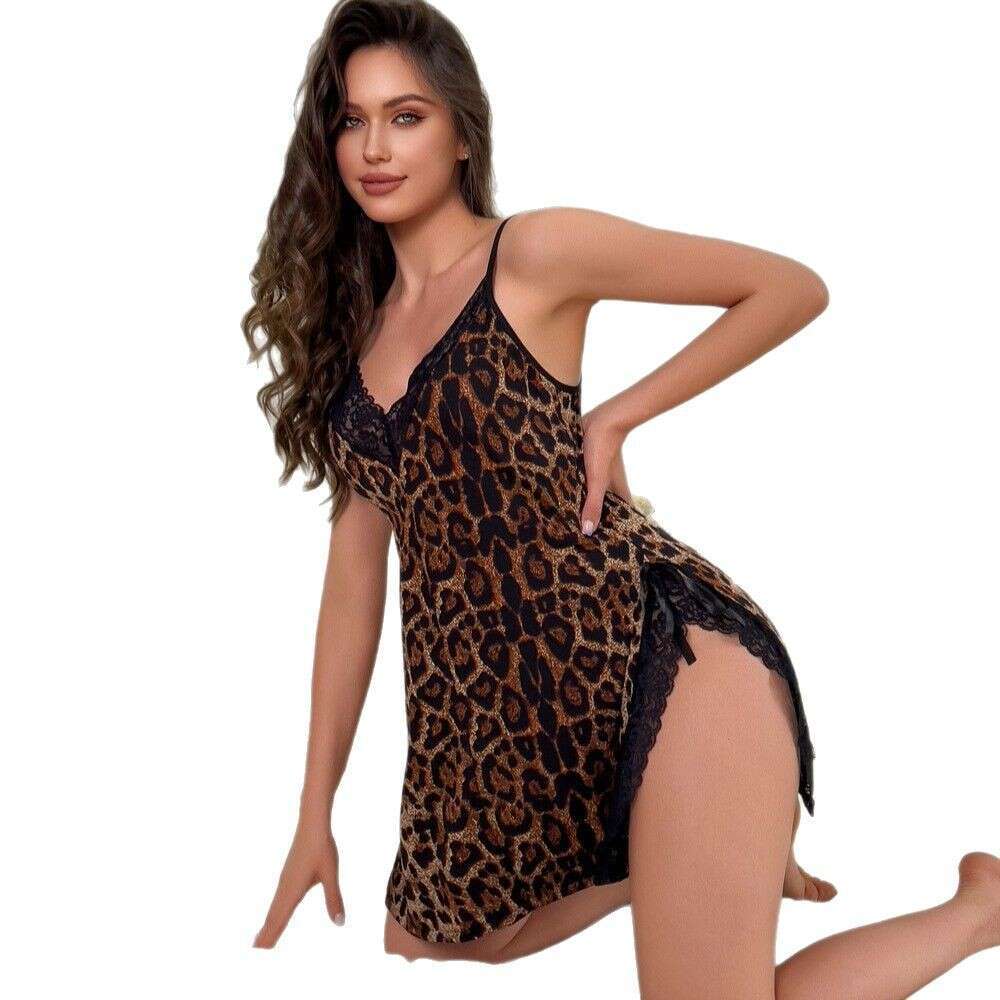 Leopard lace patchwork camisole nightgown sexy deep V slim fitting pajamas skin friendly mesh home temptation short skirt