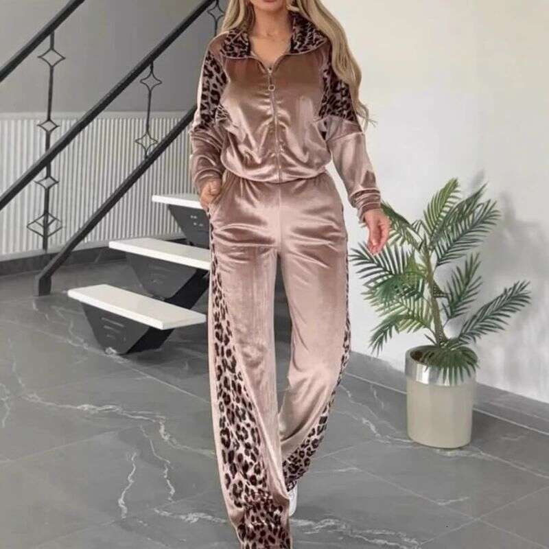 Women's Clothing Leopard Print Contrast Trousers Long Sleeved Home Clothes Suit