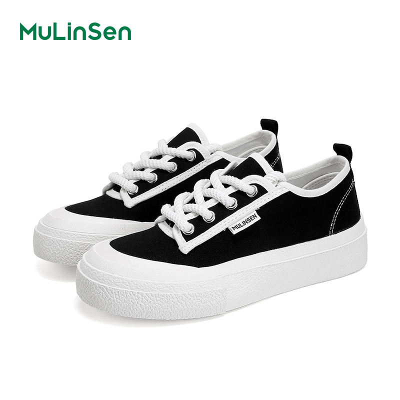 Mulinsen canvas shoes women's 2025 new spring and summer thick-soled black sneakers breathable sports casual big-toed shoes