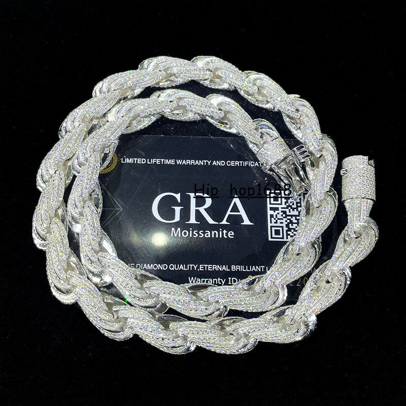 Drop Shipping White Gold 925 Sterling Silver Micro Pave Vvs Moissanite Diamond Iced Out Rope Chain Necklace