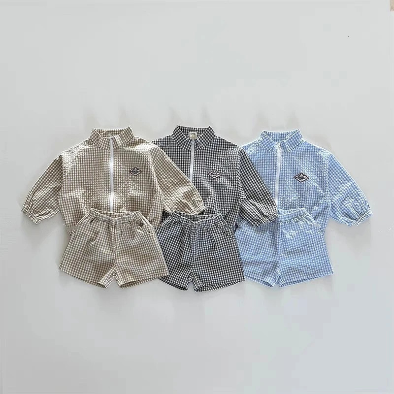 TZ2624 Summer Plaid Stand Collar Jacket And Shorts Set for Kids Thin Zipper Sun Protection Clothing Trendy Two-Piece Outfit 250729