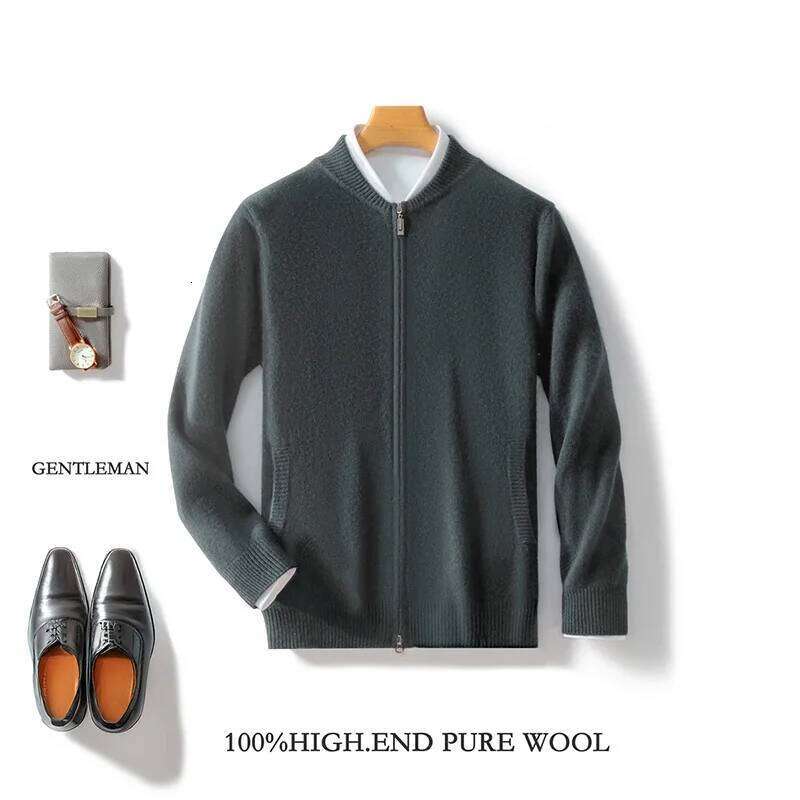 Men's 100% Merino Wool Sweater Knitted Zippered Cardigan Cashmere Thickened Jacket Long Sleeve Stand Collar Tops, Autumn, Winter MDNG