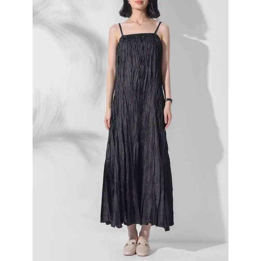 Fashion Handmade Strap Dress For Women High Waist Solid Color Pleated Sling Long Dresses Female Summer New