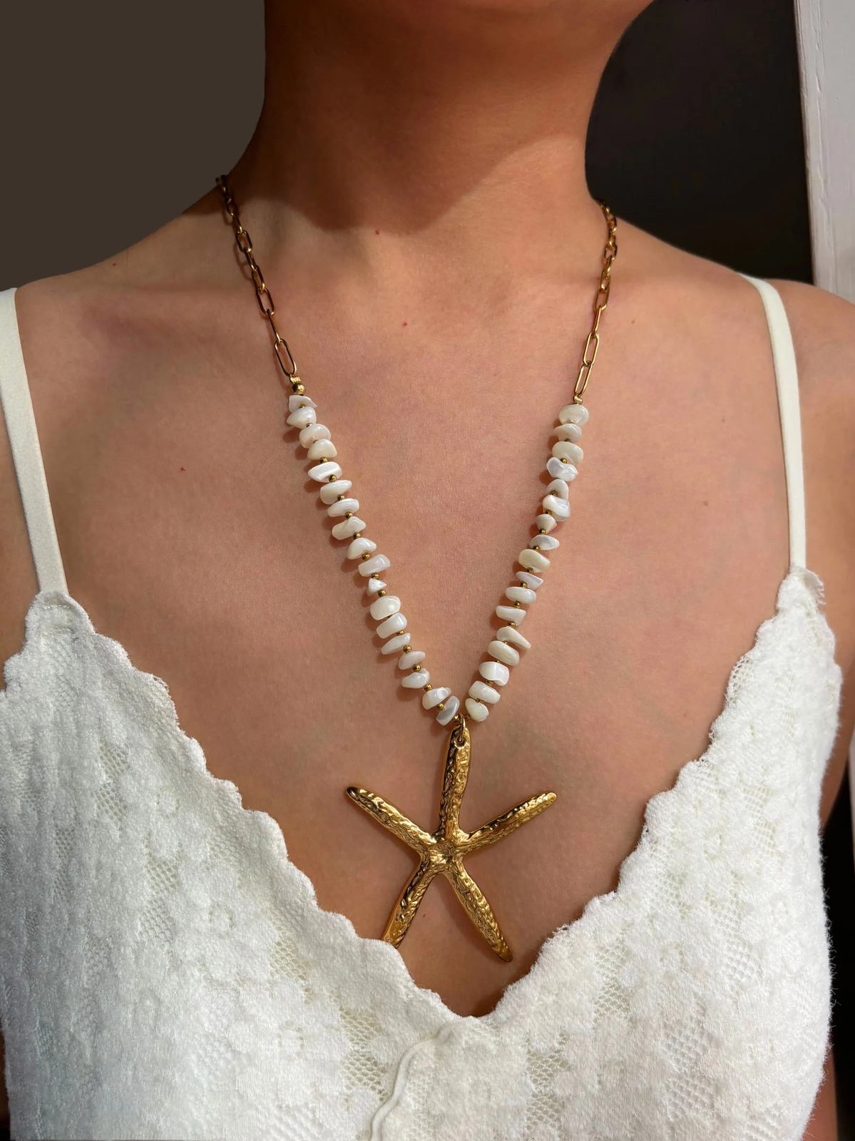 GHIDBK Statement Exaggerated Ocean Style Big Starfish Natural Shell Pendant Necklace for Women Stainless Steel Beach Jewelry 250729
