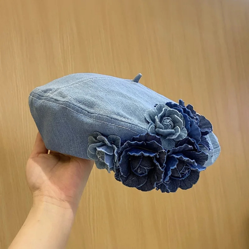 Ladies Denim Beret Hats Flower Cowboy Vintage Hat Women Retro Casual Painter Hat Female Trendy Spring Autumn Hat 250729