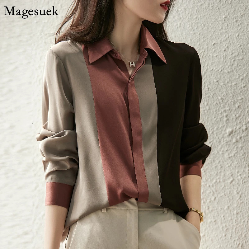 2024 Women Satin Button Blouse Autumn Vintage Long Sleeve Polo Collar Shirt Elegant Loose Tops Clothing 181 250724