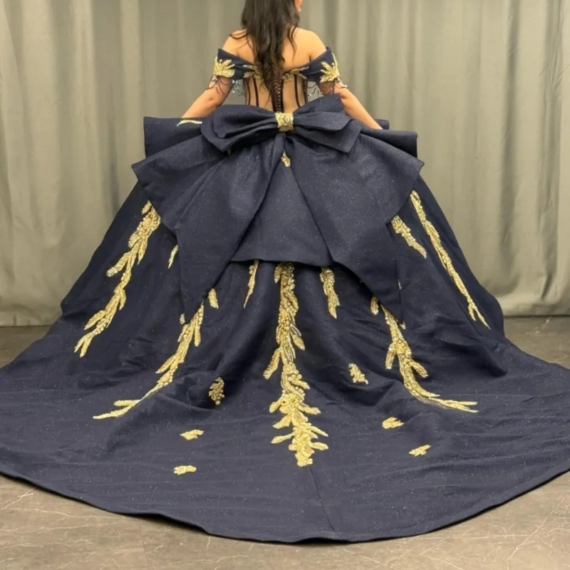 Navy Blue Shiny Quinceanera Dresses Off The Shoulder Gold Applique Lace Beading Bow Tulle Vestidos De 15 Anos Sweet 16 Dress