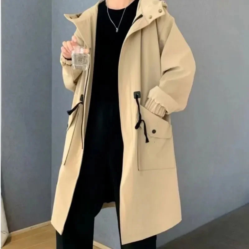 Spring Autumn Army Green Windbreaker Fashion Men Midlength Casual Hooded Coat Daily High Street Overcoat Male Clothes 250730