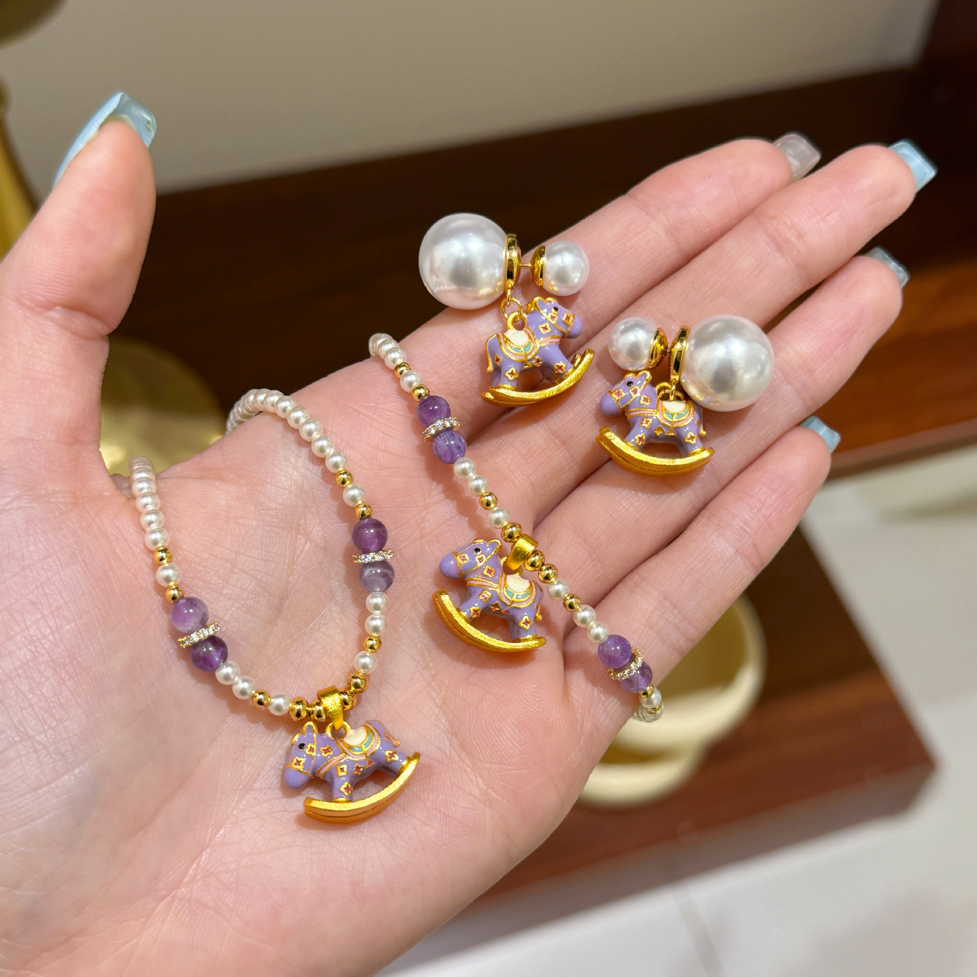 Colorful Beach Lady Pendant Dopamine Oil Drop Wooden Horse Designer Necklace Beaded Pearl Necklace Accessories For Women Light Luxury Niche High End C