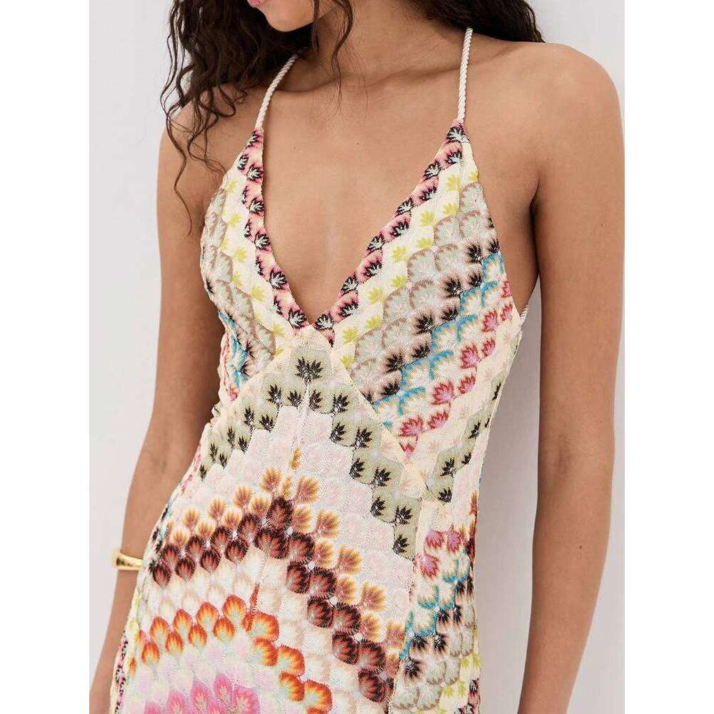 Fashion V-neck Striped Print Bohemian Lady Casual V Neck Sleeveless Party Backless Hollow Out High Waist Long Dress