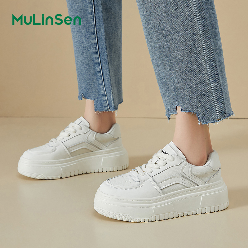 Mulinsen thick-soled white shoes for women 2025 new ins trendy all-match genuine leather platform shoes lightweight bread shoes casual sneakers