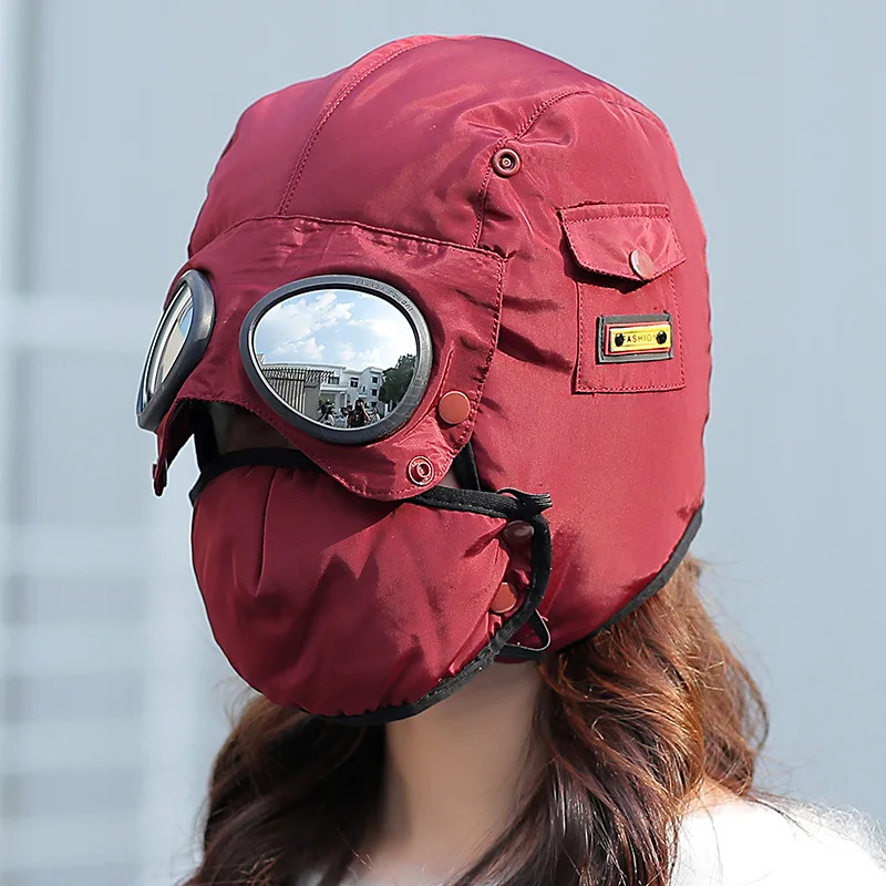 Winter Bomber Hat Adult s Windproof Hood Pilot Hats with Mask Glasses Warm Earflap Cap Russian Ushanka Hats Balaclava 250724