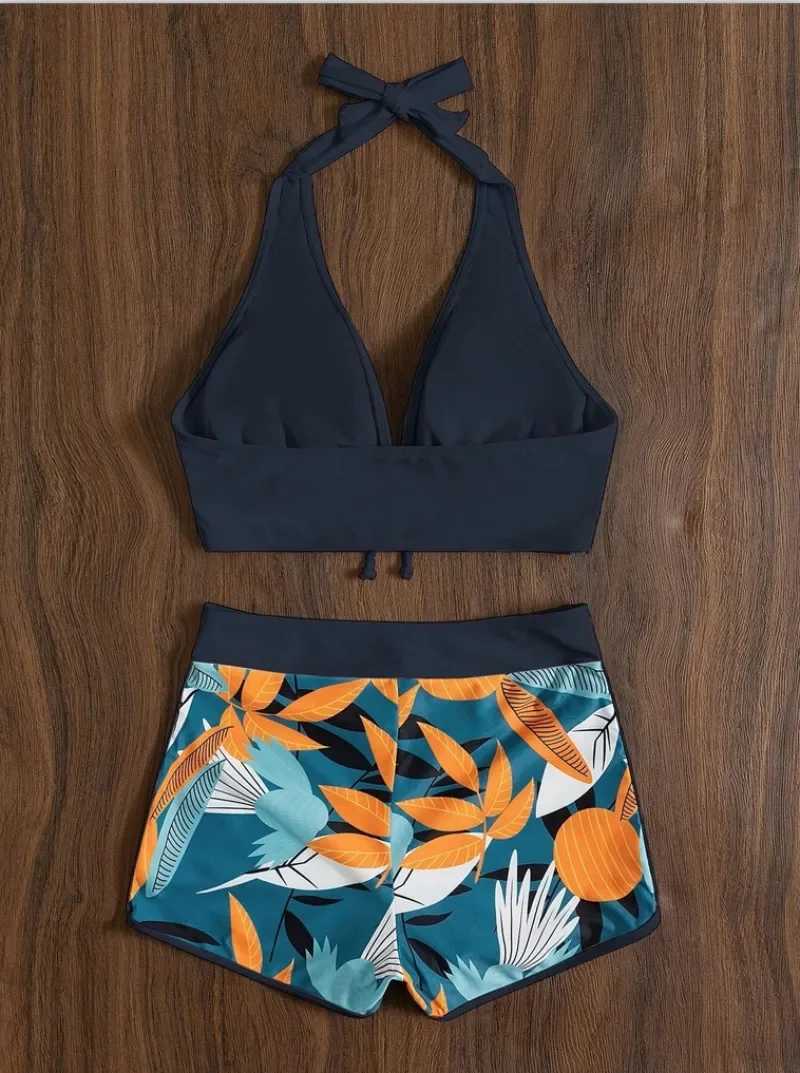 Fashion Printed Swimsuit Women Spliced Lace Up Sporty Surfing Bikini Set Bathing Suit Beachwear Swimwear Female Swimming Suits Z250729
