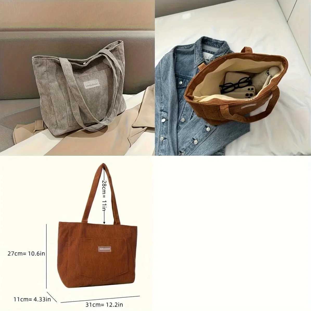 Large Capacity Shoulder Bag Trendy Corduroy Tote Bag Solid Color Ladies Handbag With Front Pocket G250729