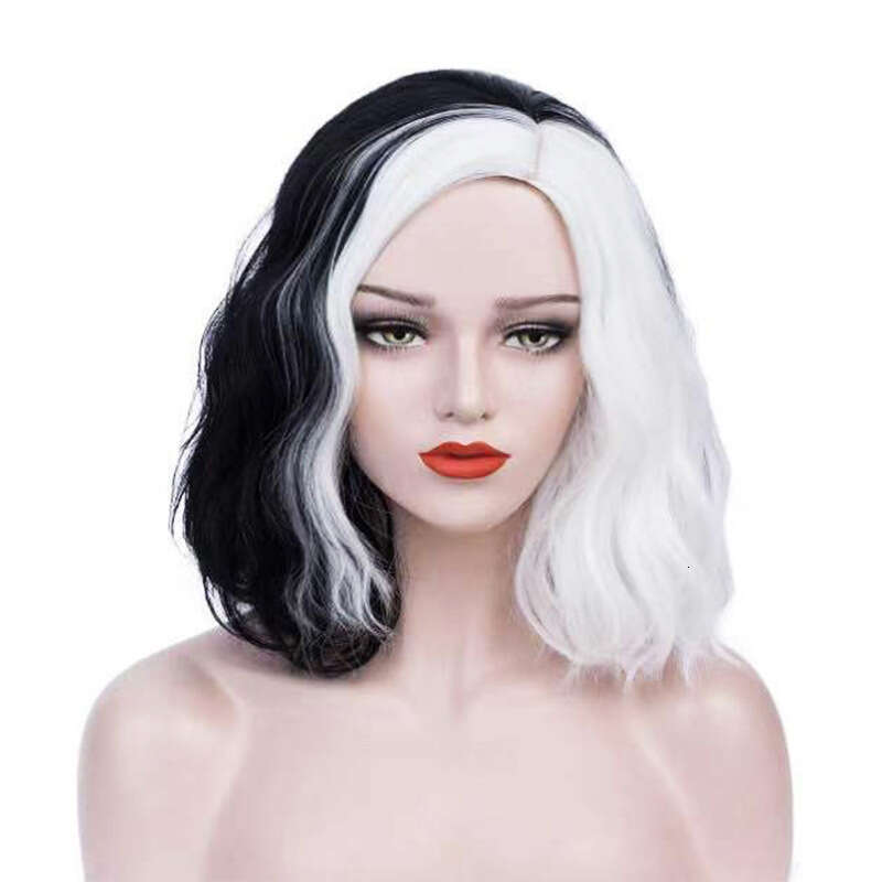 New Black and Witch Cruella Cosplay Wig 1/3 White Side Part Anime Short Hair B5