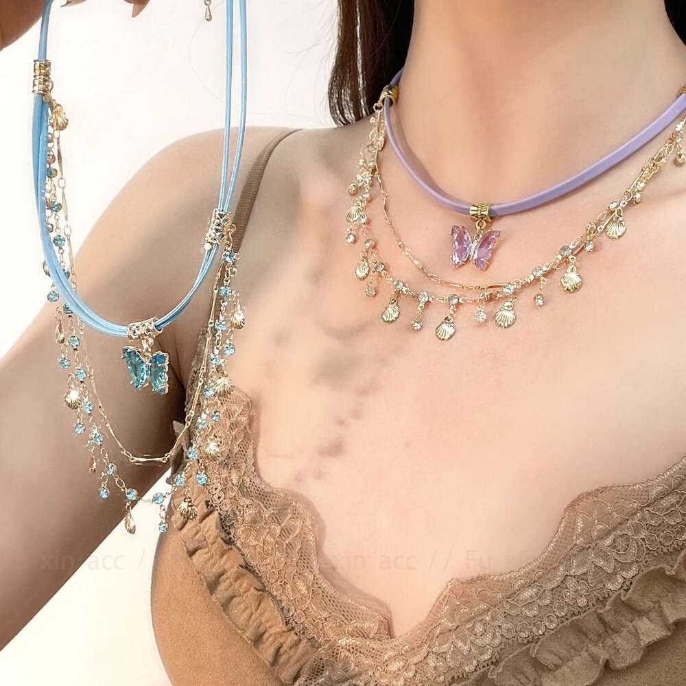 Taro Purple Butterfly Shell Necklace 2024 New Multi-layer Stacked Collarbone Chain Elegant Exquisite Fashion Accessory for Women 69b