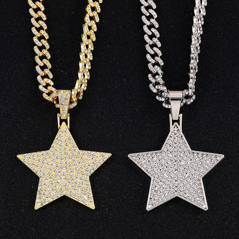Cuban Necklace Set Five-Pointed Star Inlaid Dia Alloy Jewelry Trendy Men's Essential Pendant
