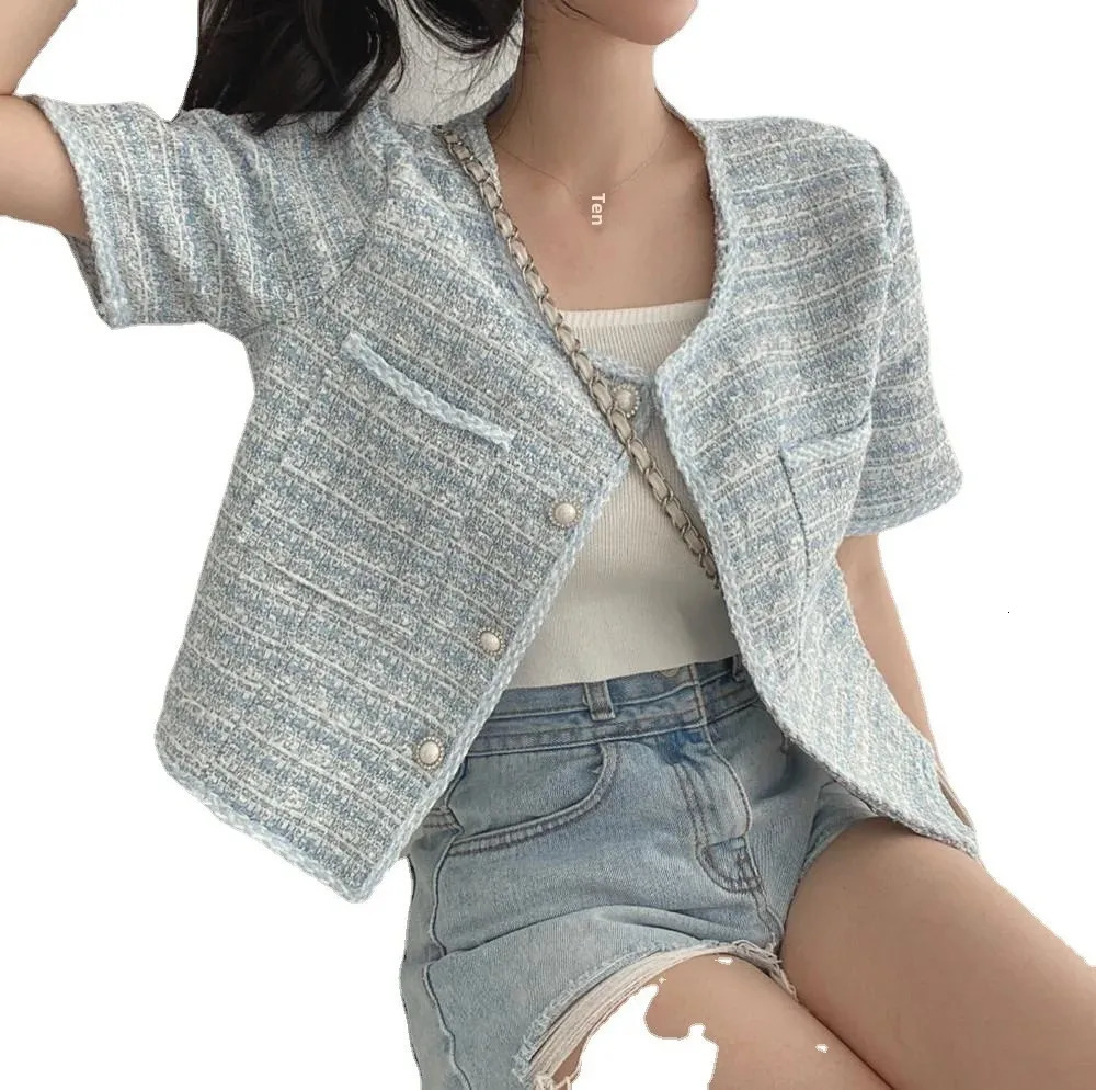 Chik Koren Style Womens Cardigan Jacket French Nichetweed Pearl Button Round Neck Coarse Tweed Short Sleeves Spring Summer 250729