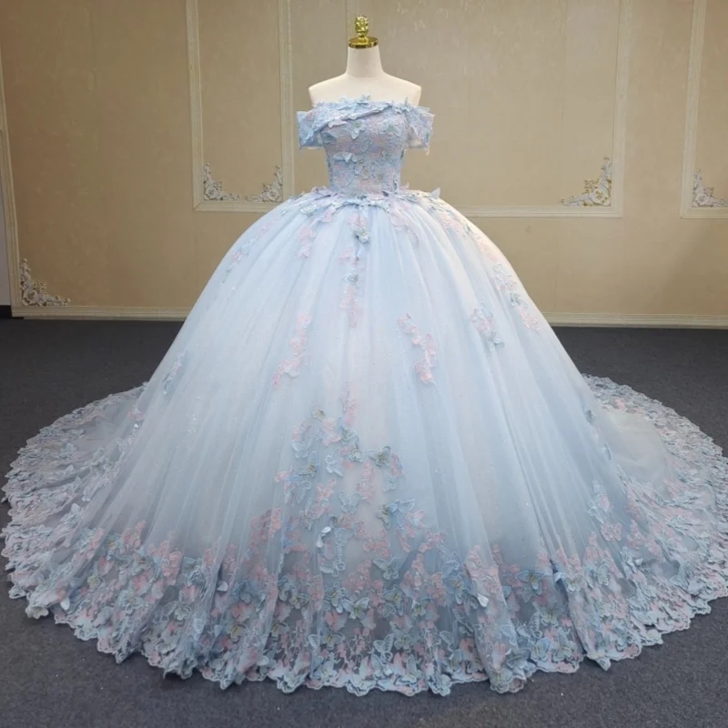 Sky Blue Shiny Quinceanera Dresses Off The Shoulder Beading Bow Tulle Party Birthday Vestidos De 15 Anos Sweet 16 Dress