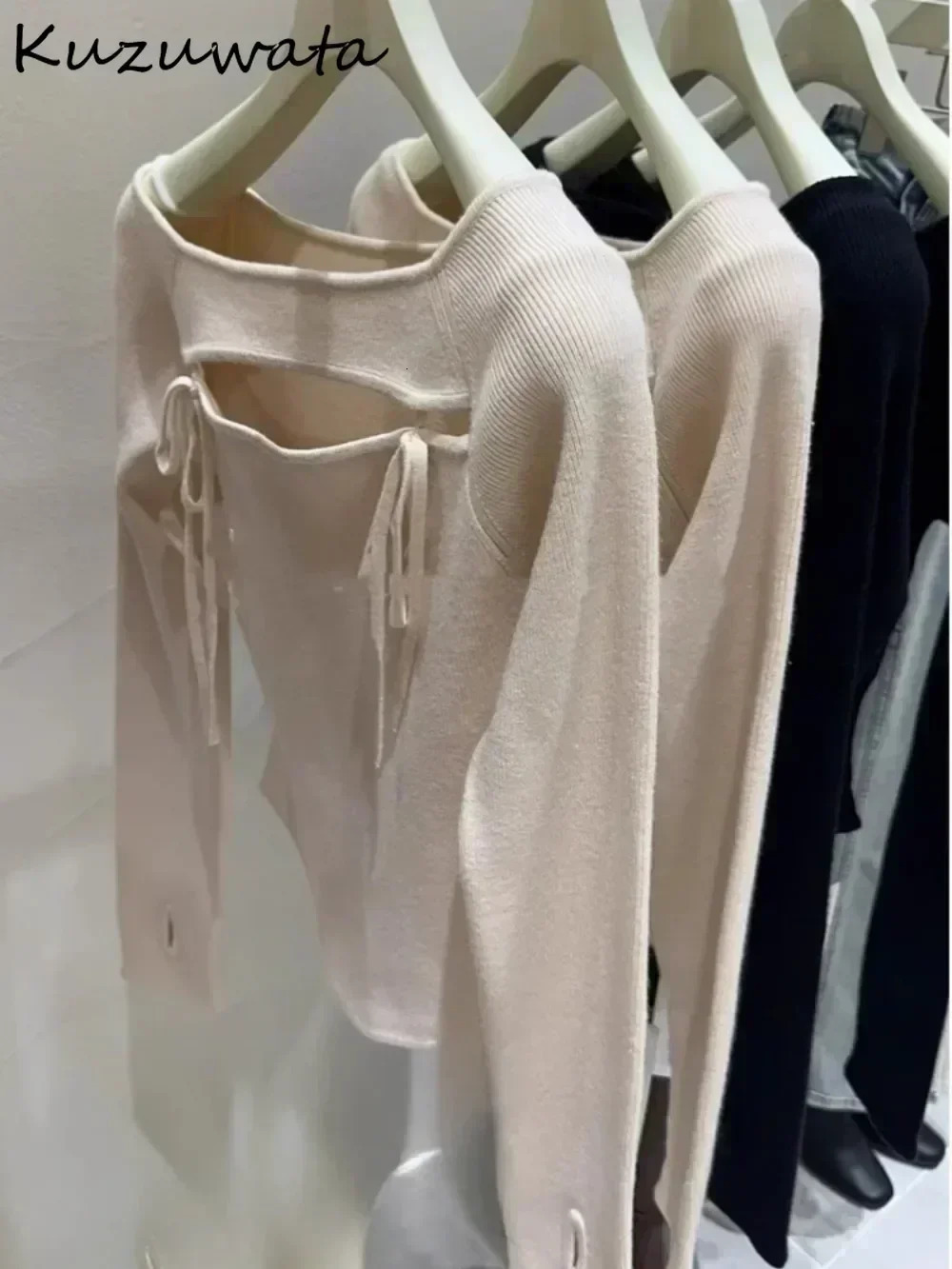 Kuzuwata Literary All-match Slash Neck Off Shoulder Jumper Sexy Bow Hollow Out Pure Desire Wind Pullover Japan Lace Up Fresh Top 250723