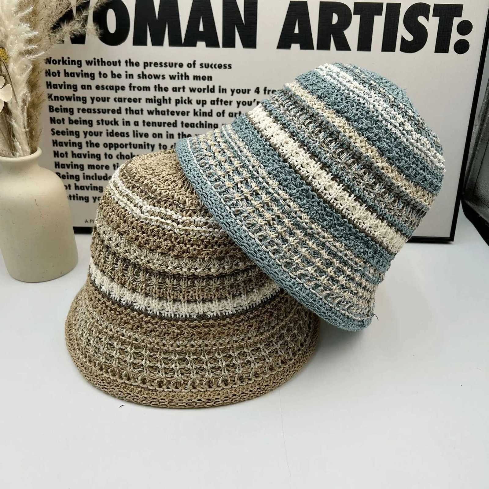 igh Chuti Spring and Summer Knitted Hollow Contra Striped Fisherman Hat Childrens Versatile Hat Sun Visor Hat Y250730