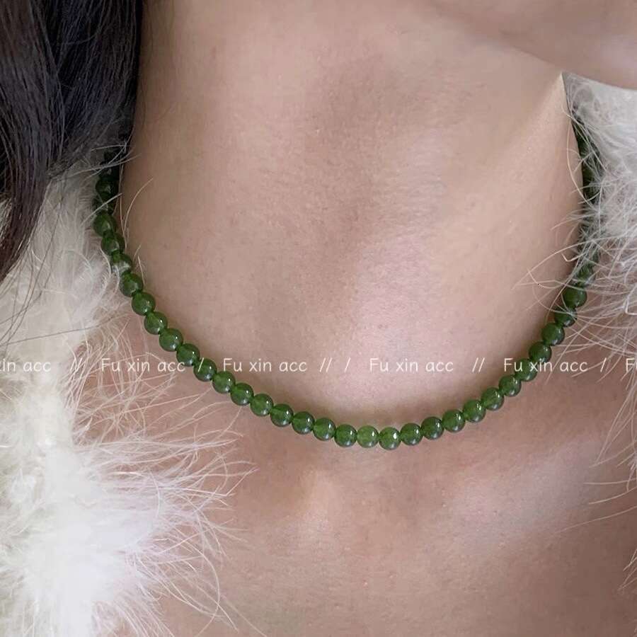 Natural Green Chalcedony Jade Beaded Necklace Design Sense New Chinese Style Collarbone Light Ultra Smooth Neck Chain Versatile b70