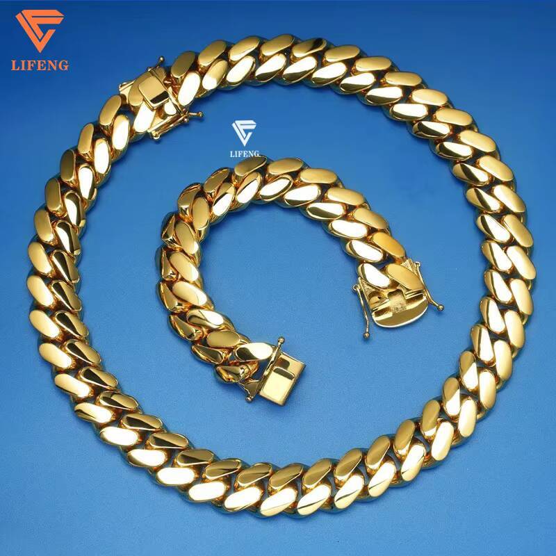 Custom 18K Gold Plated 14mm Cuban Link Chain Iced Moissanite Necklace Solid Sterling Hiphop Plain Cuban Link Necklace