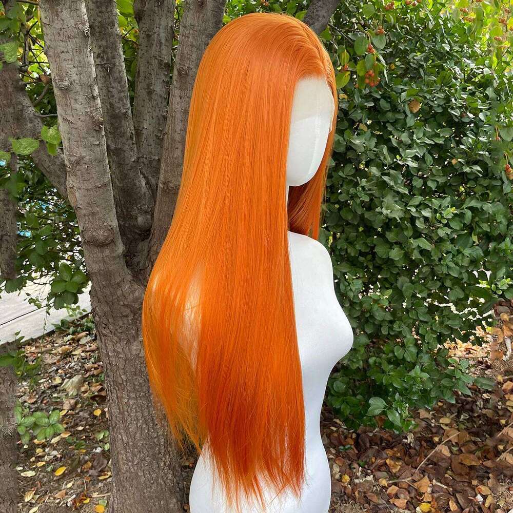 Light Orange Long Straight 13X4 Synthetic Lace Front For Women 26 Inch Glueless Wig Half Hand Tied 150% Density Medium Cap