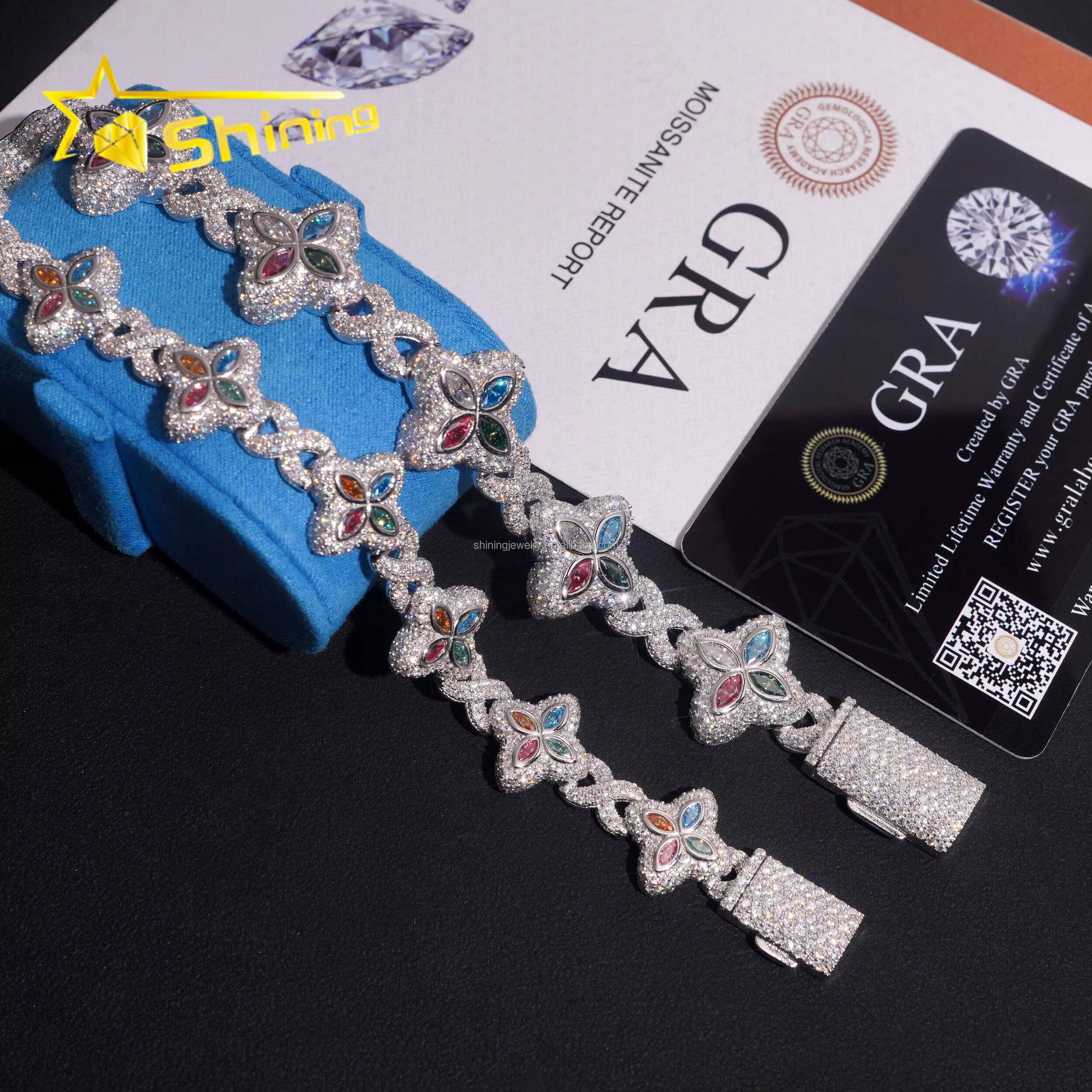 Unique Design Luxury Jewelry Hot Selling Hip Hop Mulit Color Marquise Moissanite Iced Out S925 Silver Cuban Clover Bracelet Men