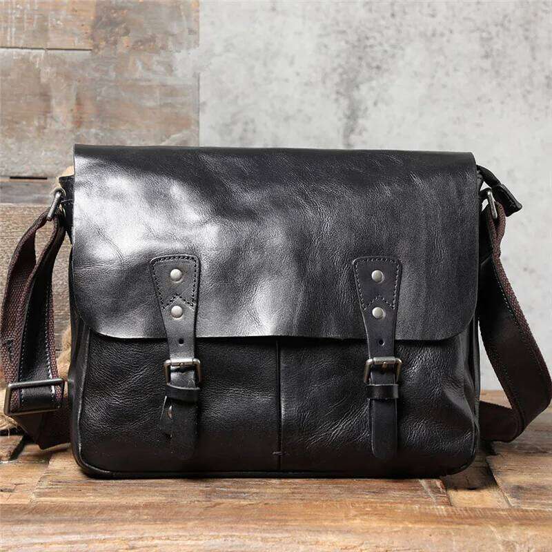 Casual natural genuine leather men's messenger daily travel work real cowhide black tablets A4 document shoulder bag OLOEY