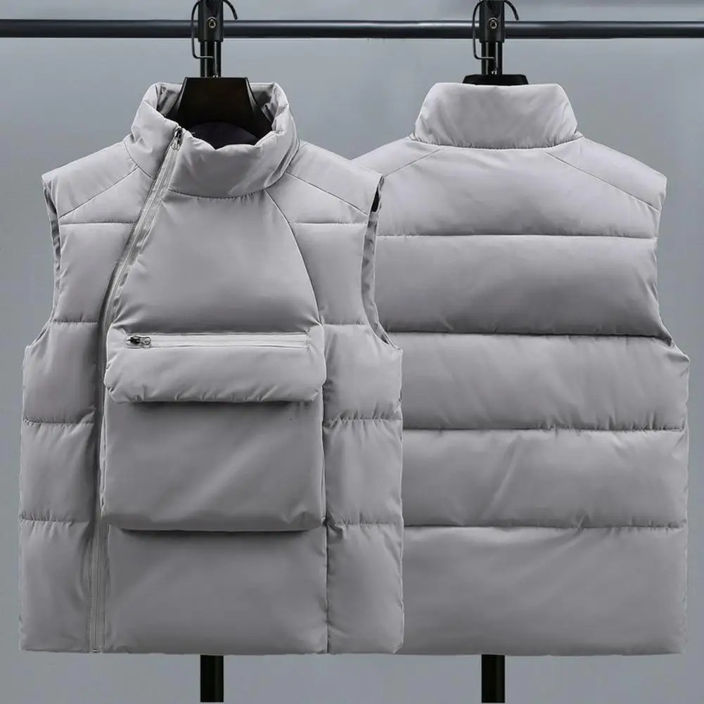 Men Down Waistcoat Stand Collar Sleeveless Oblique Zipper Closure Vest Coat With Front Pockets Solid Color Cotton 250730