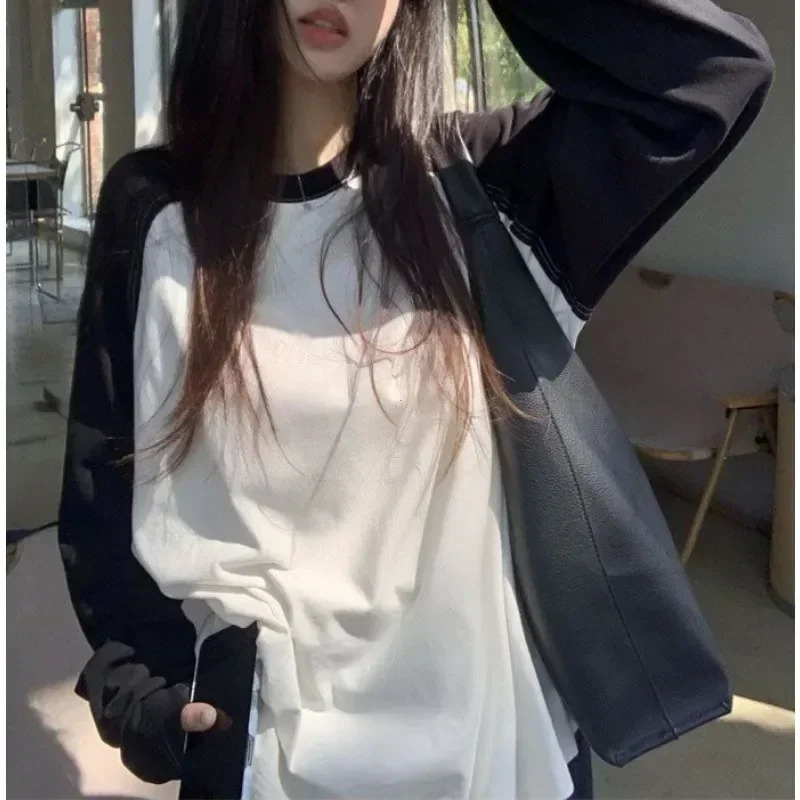 Casual Oversized TShirt Y2K Tops Harajuku Long Sleeve ONeck TShirts Spring Autumn Black White Patchwork Tees Women Streetwear 250729