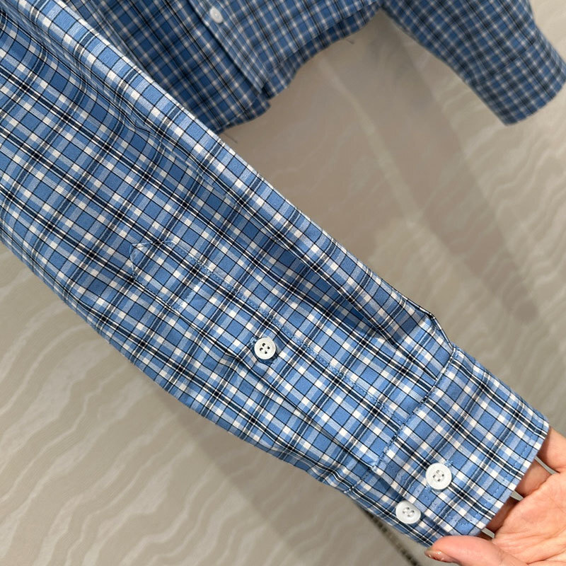 Lady Blue Plaid Cotton Shirt Fashion Single Breasted Lapel Neck Short Loose Blouses Luxury Designer Clothes S0772