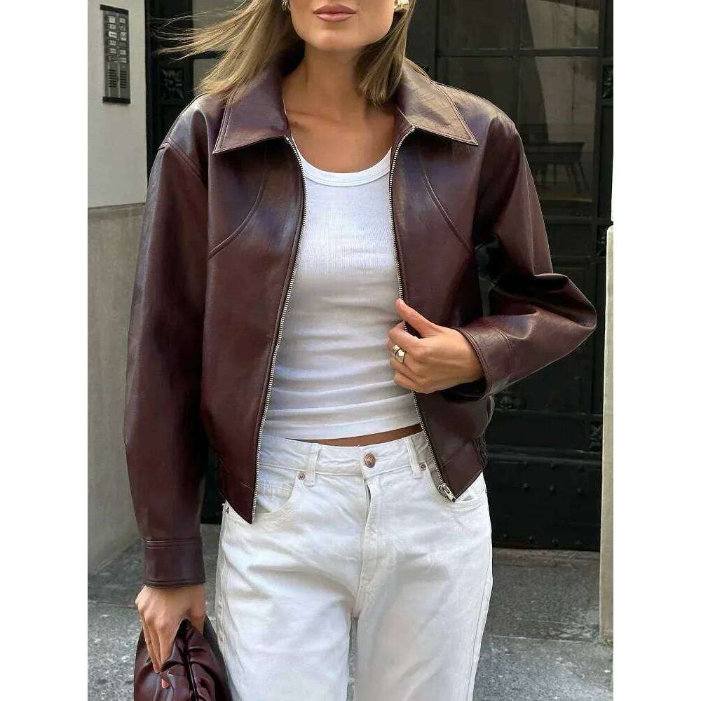 Designer Clothing Vintage Wine Red Loose Short Leather Jacket Women Fashion Lapel Long Sleeves Zipper Cropped Coat 2025 Autumn Lady Street Outwear Fas