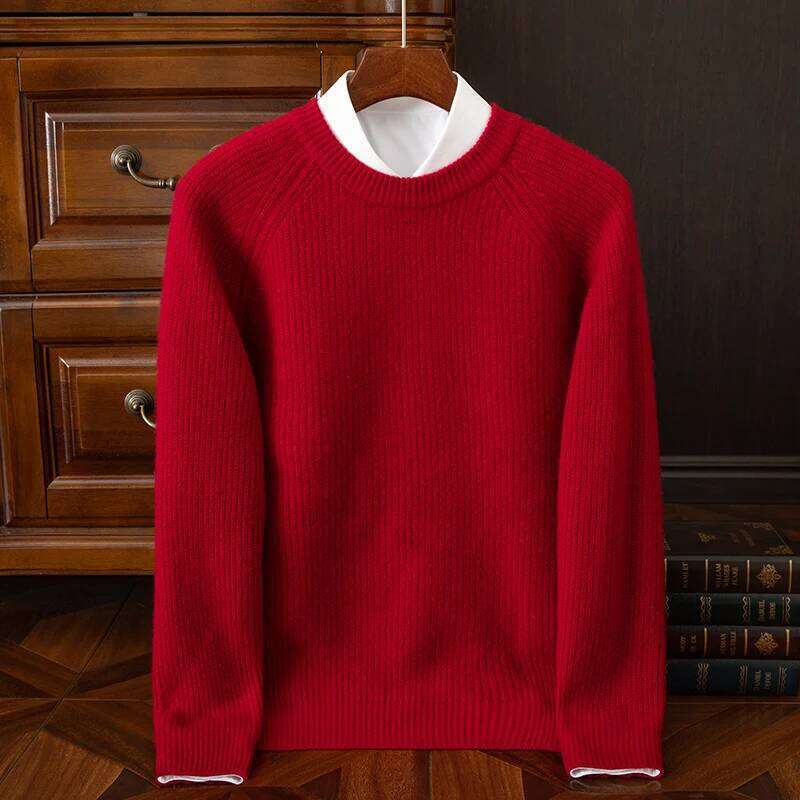 100% Merino Wool Thickening Sweater Men O-Neck Raglan Pullover Autumn Winter Smart Casual Jumper Cashmere Long Sleeve Top MDNG