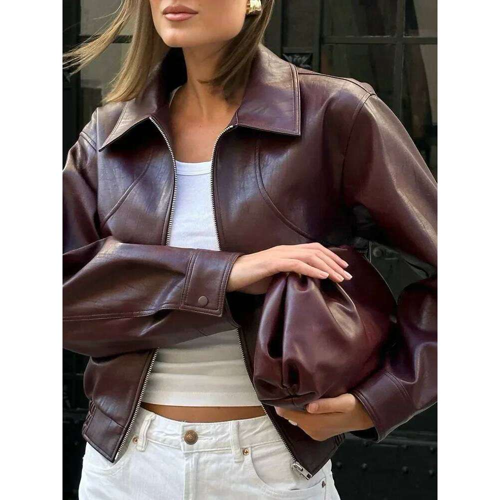 Designer Clothing Vintage Wine Red Loose Short Leather Jacket Women Fashion Lapel Long Sleeves Zipper Cropped Coat 2025 Autumn Lady Street Outwear Fas