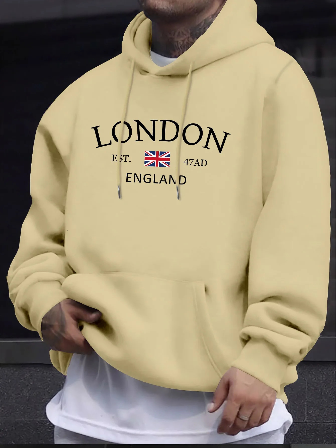 London Fashion Print Hoodies For Men Casual Autumn Winter casual sweatshirt Kangaroo pocket Long sleeve AutumnWinter simple 250729