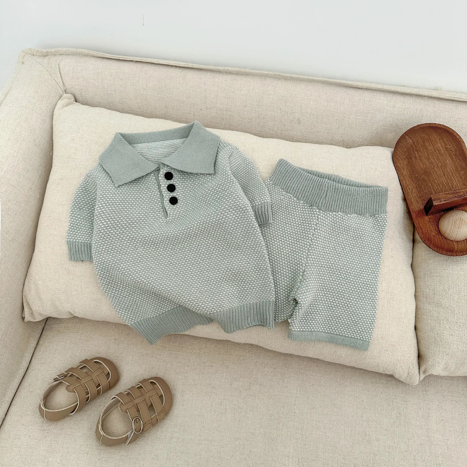 Korean Childrens Clothing Boys Knitted Suit Stylish Baby Thin Breathable Polo Shirt Short Sleeved Five Quarter Pants 250729