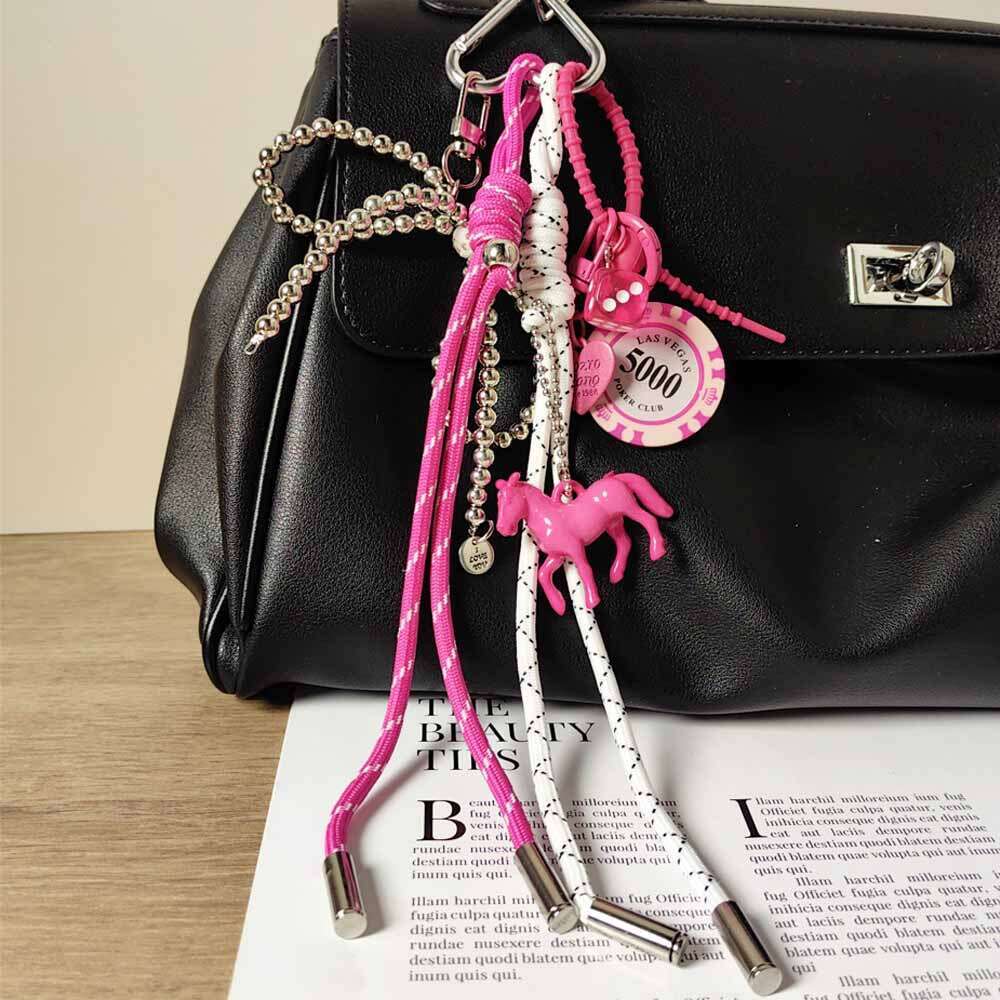 Y2K Rose Pink Chip Silver Bow Chain Keychain Women's Bag Pendant