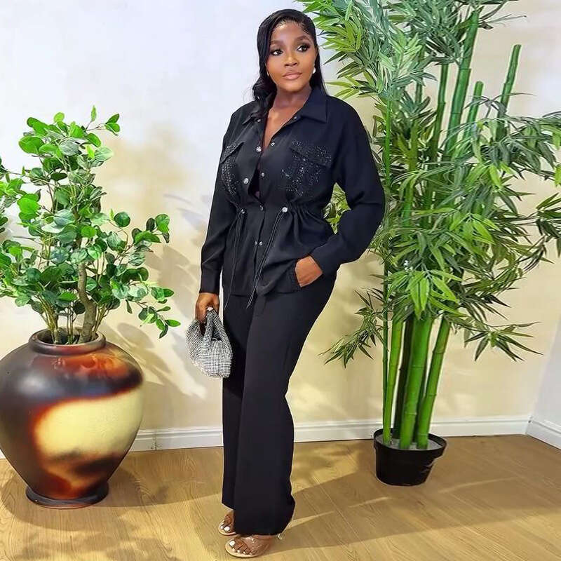 Women's Fashion Elegant Waist-Cinching Shirt Sleeve Cardigan Long Pants Two-Piece Set B5