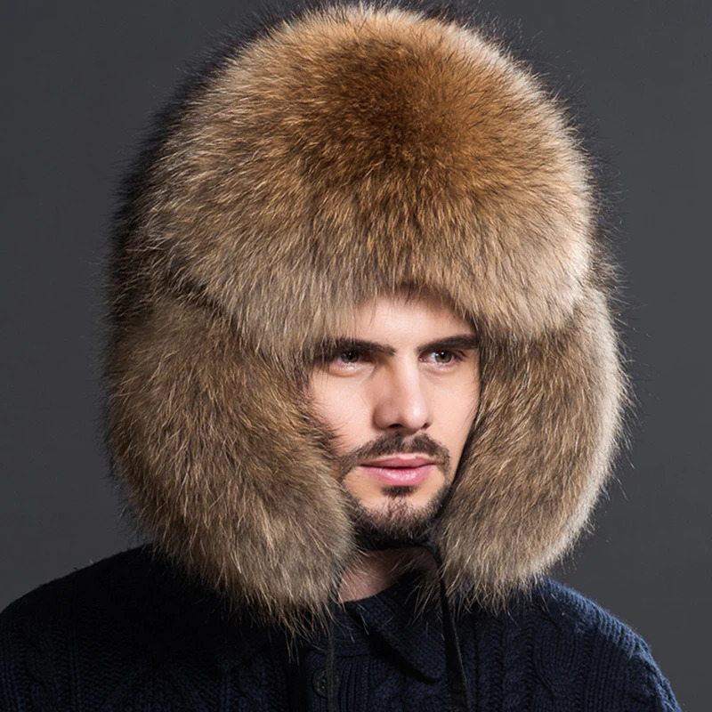 100% Fur Fox Skin Russian Businessmen Pilot Bombers Full Fur Mens Hat Ushanka Winter Ear Guard Hat Raccoon Fur Beanie Hat 250724