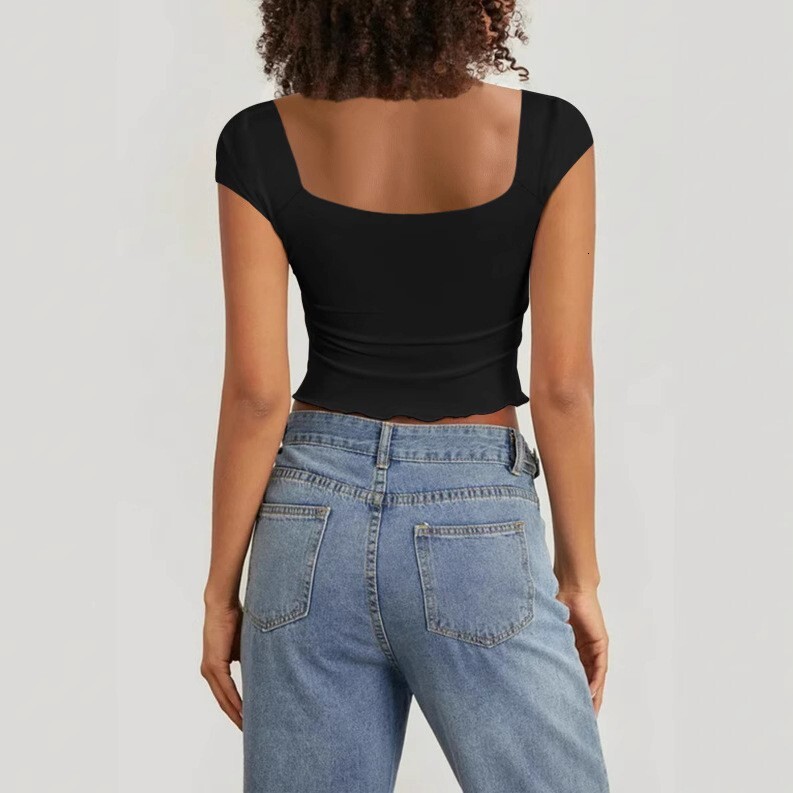 2025 Women's S Sexy V-neck Short sleeved Top European and American Style Summer Hot Selling New Slim Fashion Ruffle T-shirt New Designer T-shirt