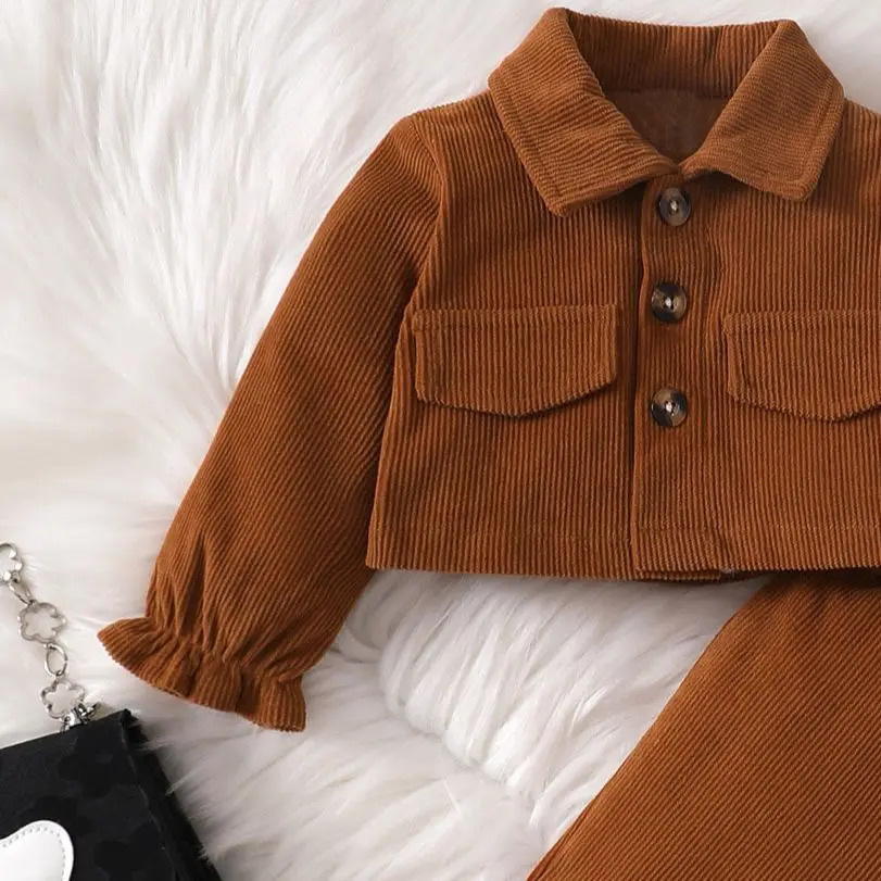 0-2-year-old born baby girls autumn and winter brown long-sleeved cardigan lapel jacket bow pants fashion suit 250729